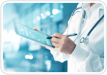 A doctor is using a tablet with the word medical on it