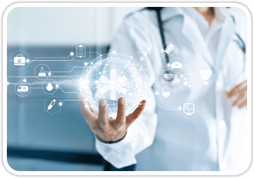 A doctor is touching a screen with medical icons on it