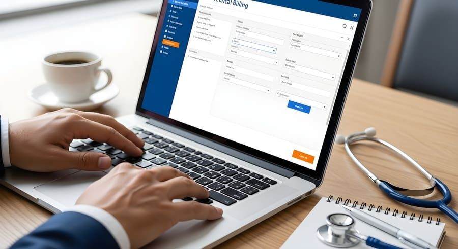 medical billing expert working on ob gyn billing on laptop